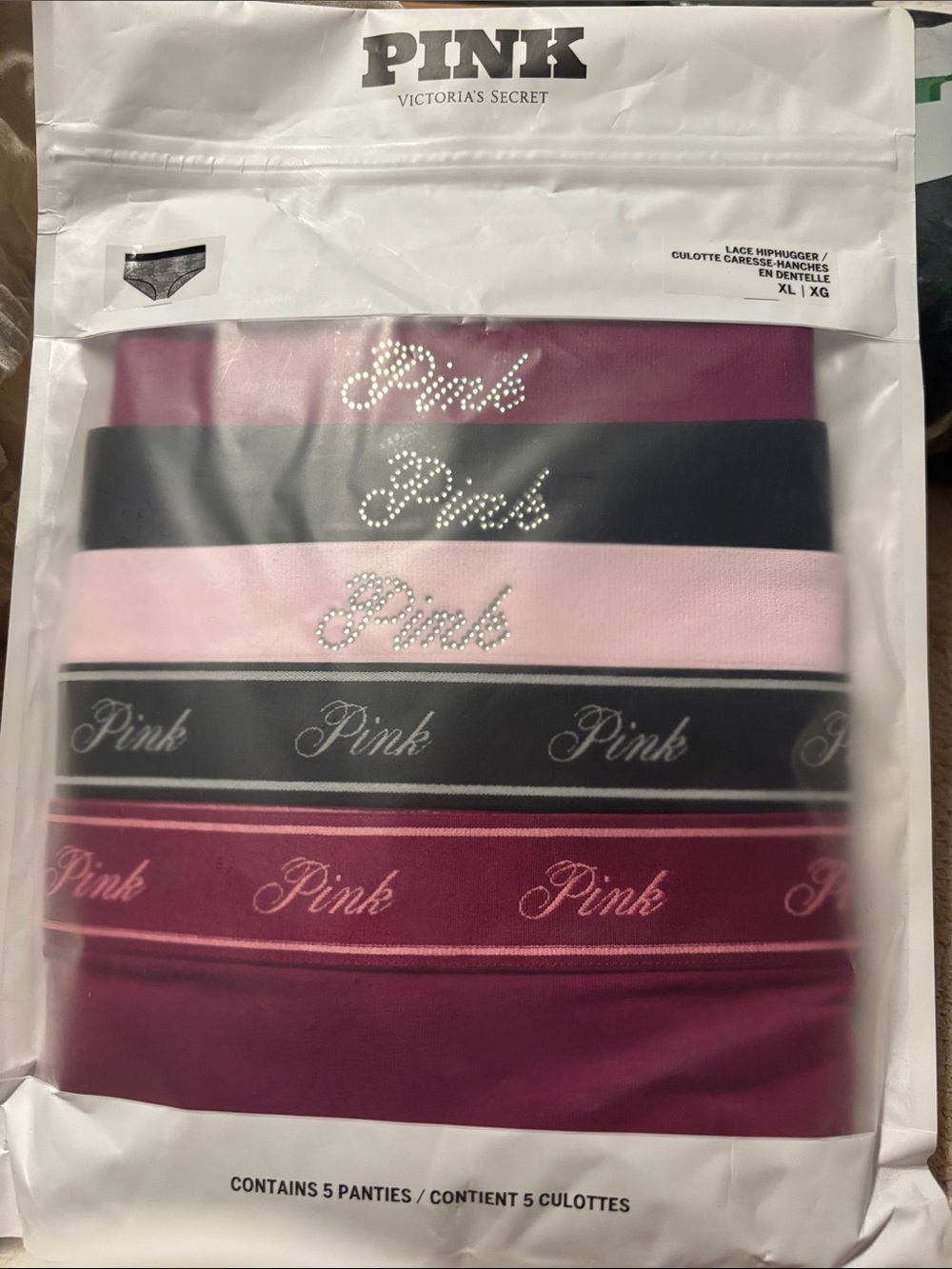 PINK Victoria's Secret 5-Pack Logo Panties in Magenta, Black & Light Pink